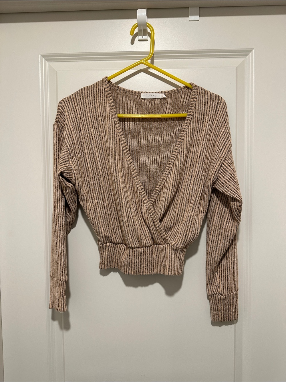 Lush Taupe Ribbed Wrap V-Neck Sweater